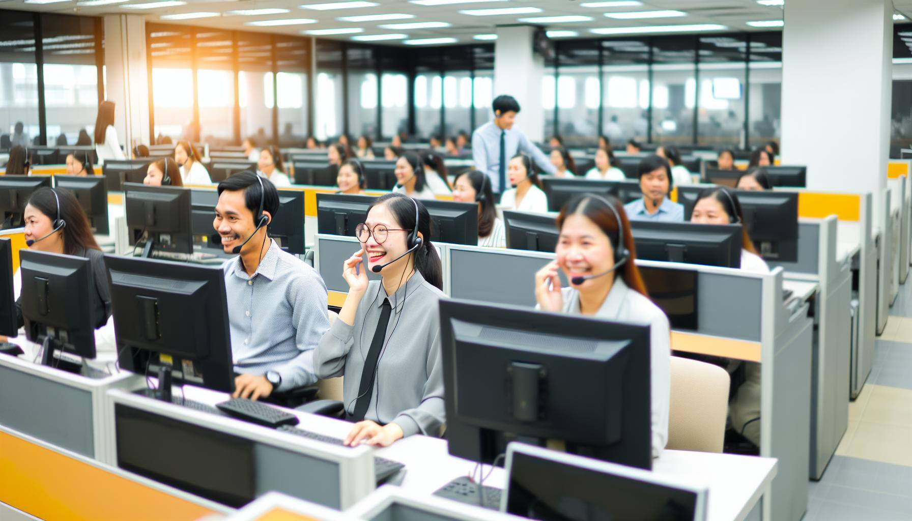 contact centre with asian agents smiling